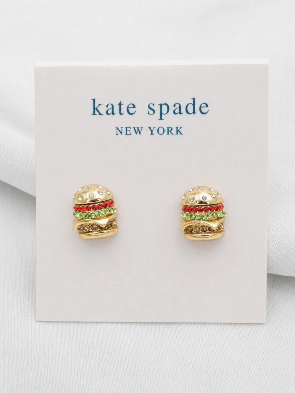Kate Spade Fast Food Crystal Gold Burger Stud Earrings | NEW